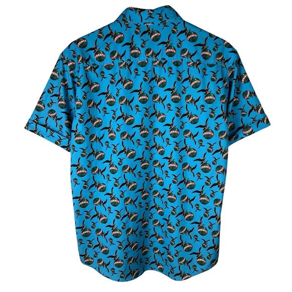 RARE Fernet Branca Sz L Button Shirt Blue Stretch Short Sleeve Graphic Logo AOP - Picture 4 of 7